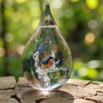 Glass urn with kingfisher bird and blue butterfly on transparent branch