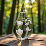 Personalized glass urn with magnolias and hollow compartment for symbolic cremation ashes. Handmade and unique.