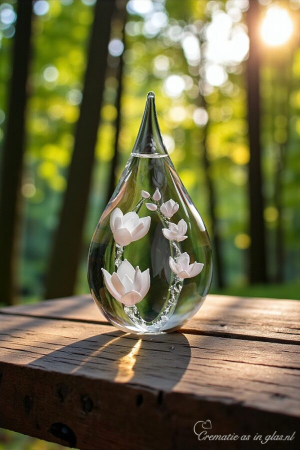 Personalized glass urn with magnolias and hollow compartment for symbolic cremation ashes. Handmade and unique.