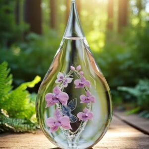 Glass urn with lilac orchids
