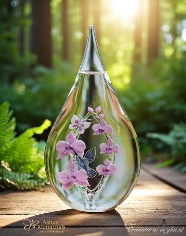 Glass urn with lilac orchids