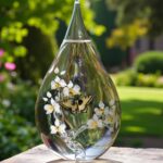 Glass urn with white orchids with yellow hearts and swallowtail butterfly