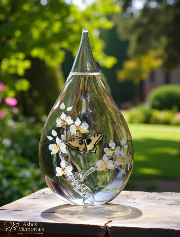 Glass urn with white orchids with yellow hearts and swallowtail butterfly
