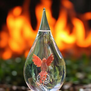 Glass urn with phoenix in orange-red tones on transparent curl