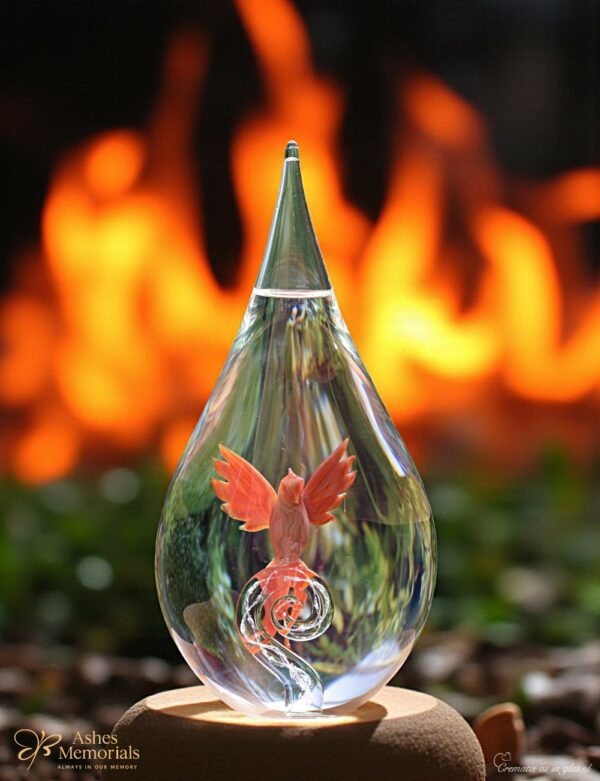 Glass urn with phoenix in orange-red tones on transparent curl