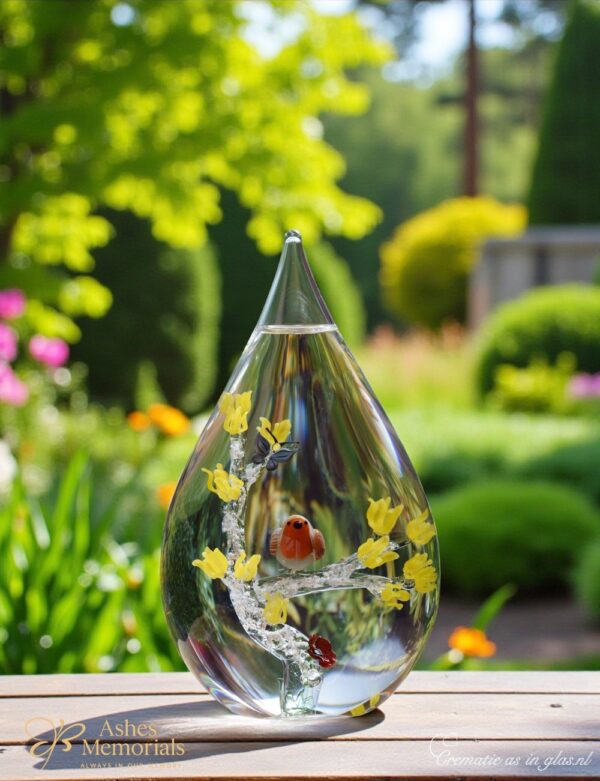 Glass urn with robin bird