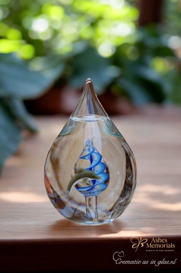 Glass urn large model with teardrop shape and blue glass spiral