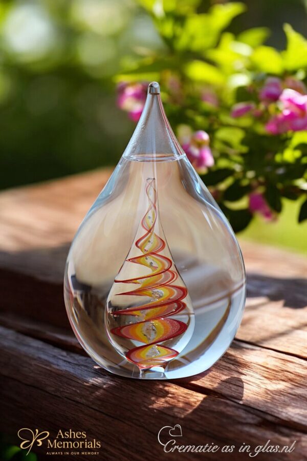 Glass urn large model in tall teardrop shape with spiral in yellow