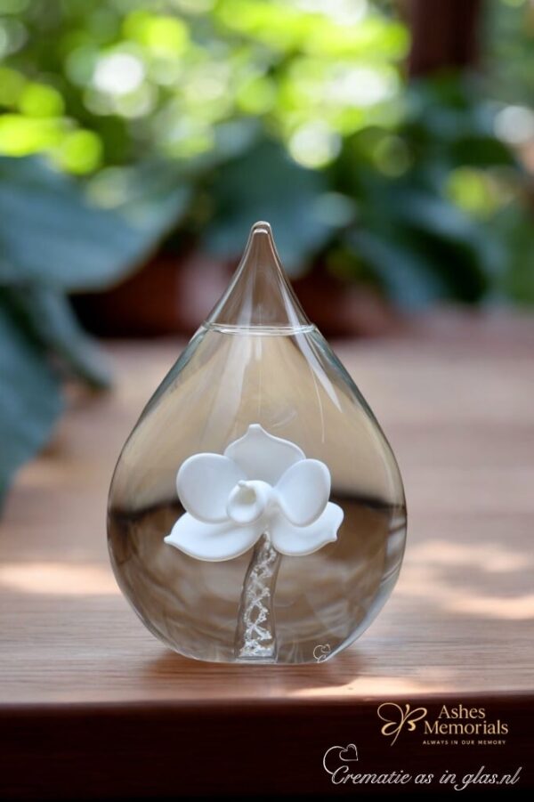 Glass urn large model with transparent stem and white orchid