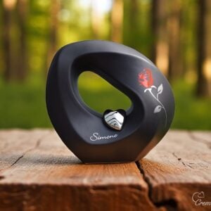 infinity urn in black color with an image of a rose and a name