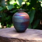urn raku fired with lid in metallic colours