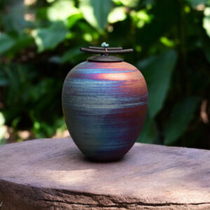 urn raku fired with lid in metallic colours
