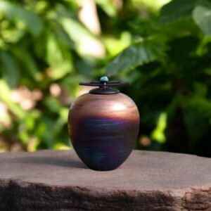 urn raku fired with lid in metallic colours