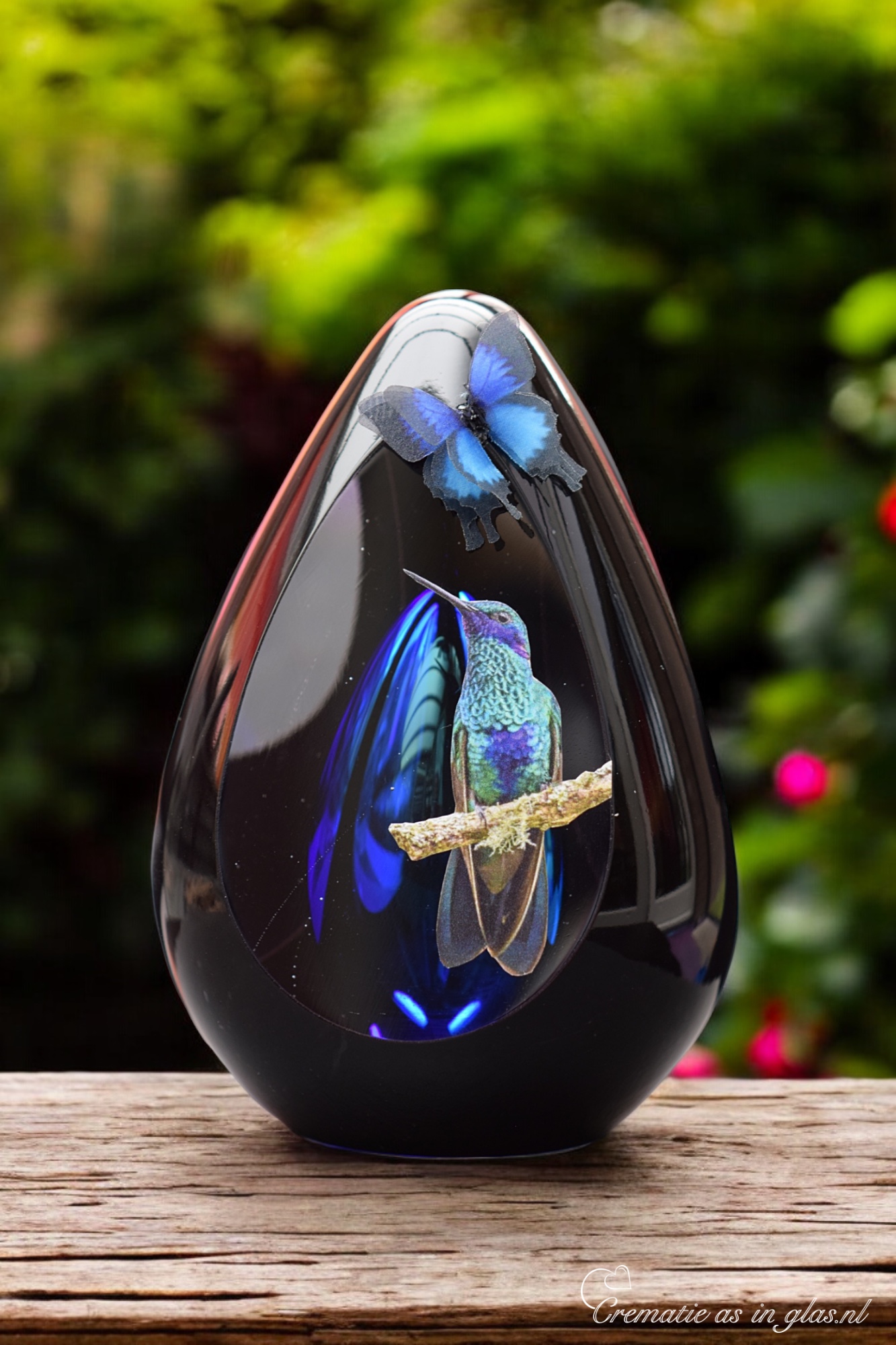 Design glass urn with blue ash chamber and image of a hummingbird – suitable for cremation ashes.