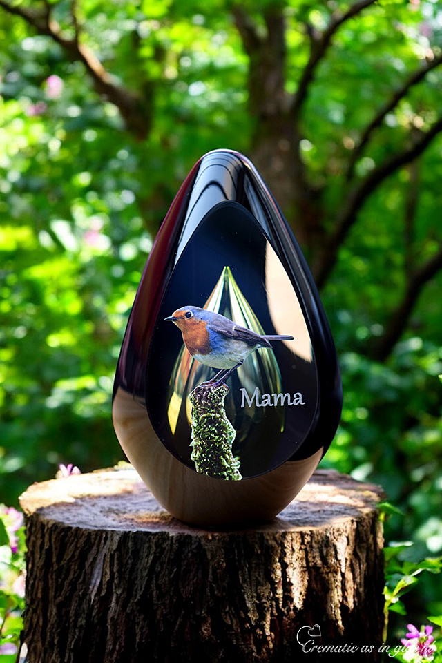 Glass design urn with green-yellow ash chamber and image of a robin on a tree trunk with space for a short name – suitable for cremation ashes.