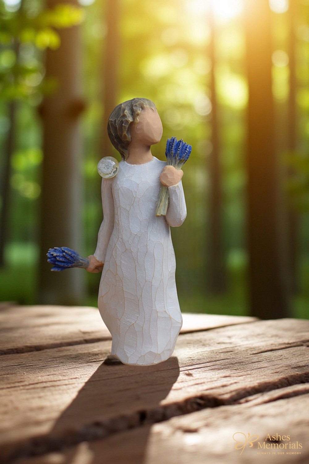 Willow Tree figurine Lavender Grace holding lavender flowers with mini glass urn for ashes or hair keepsake