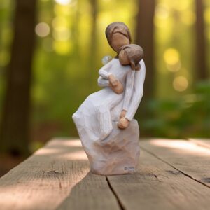 Willow Tree figurine Mother and Daughter with girl on mother’s lap and glass mini urn on shoulder