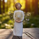 Willow Tree figurine Sweetheart with glass mini urn in golden hearts wreath for ashes or hair keepsake.