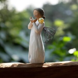 Willow Tree figurine Bright Star angel with metal wings holding green heart and mini urn for ashes or a lock of hair