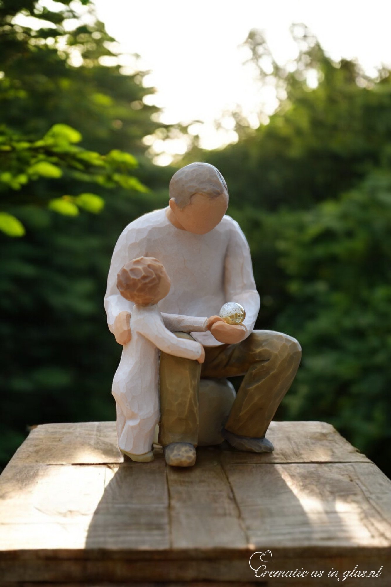 Willow Tree figurine Grandfather and Grandchild man embracing child while holding mini urn for ashes or a lock of hair