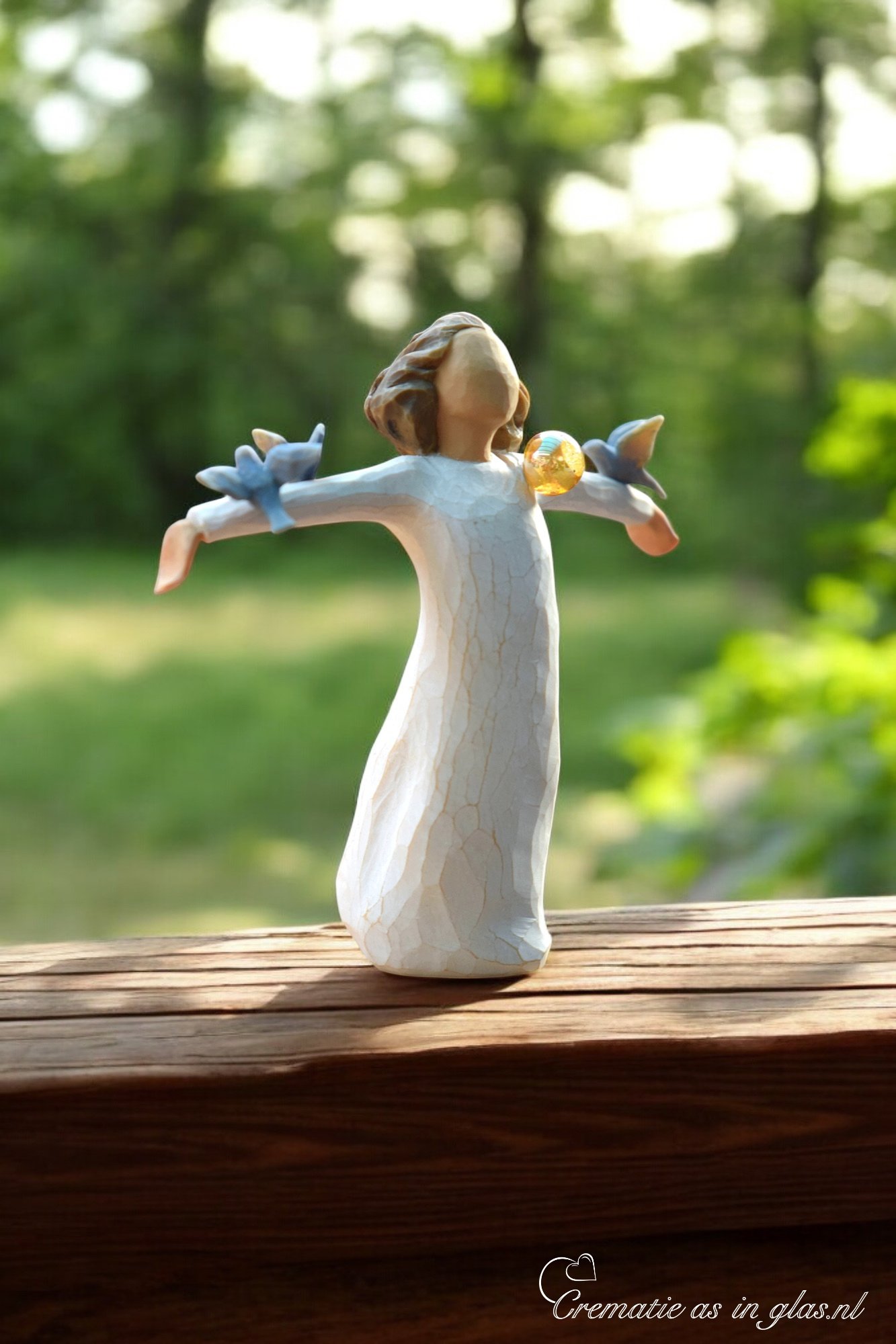 Willow Tree figurine Happiness girl surrounded by birds with mini urn for ashes or a lock of hair