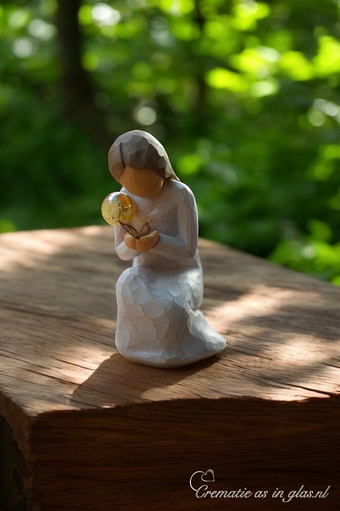 Willow Tree figurine Quiet Wonder kneeling girl holding butterfly with mini urn on shoulder for ashes or a lock of hair