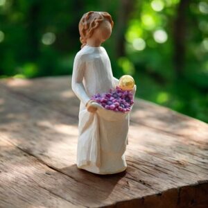 Willow Tree figurine Simple Joys girl in dress with purple flowers holding mini urn in blossom for ashes or a lock of hair