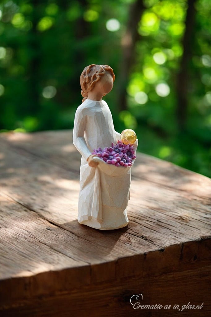 Willow Tree figurine Simple Joys girl in dress with purple flowers holding mini urn in blossom for ashes or a lock of hair