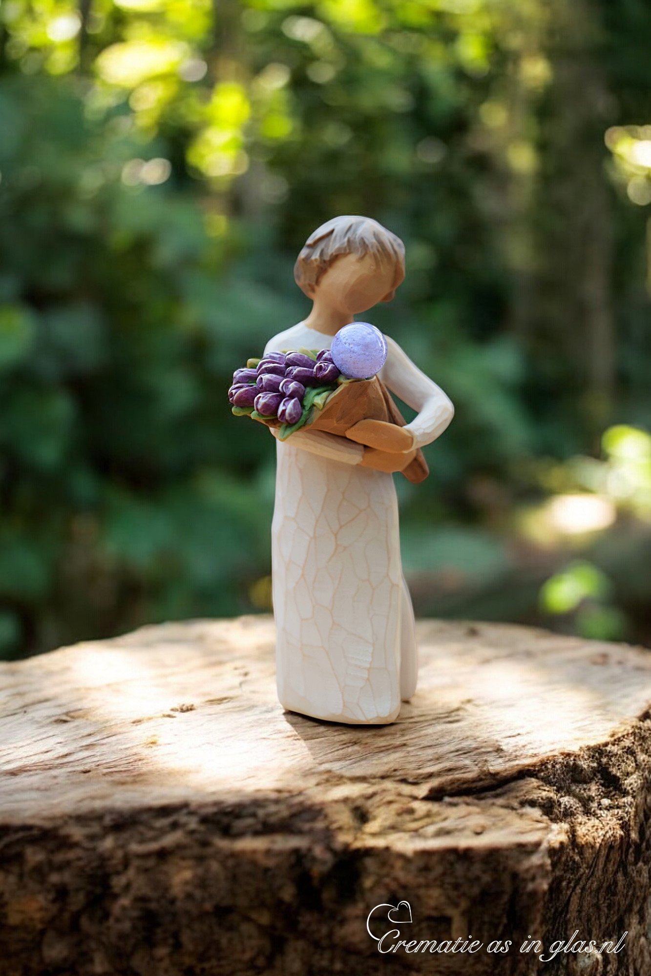 Willow Tree figurine Surprise girl holding purple flower with mini urn for ashes or a lock of hair