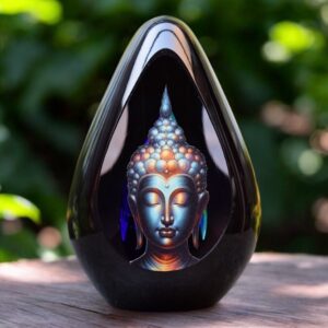 Design urn made of glass with blue ash chamber and image of a serene Buddha – suitable for storing cremation ashes.
