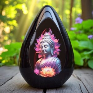 Design urn made of glass with pink ash chamber and image of a Buddha with lotus flower – suitable for storing cremation ashes.