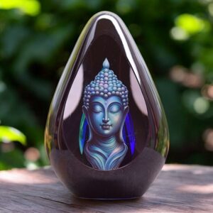 Design urn made of glass with transparent blue ash chamber and image of a Buddha – suitable for storing cremation ashes.