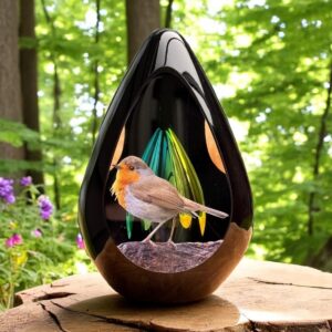 Design urn made of glass with transparent green-yellow ash chamber and image of a robin – suitable for cremation ashes.