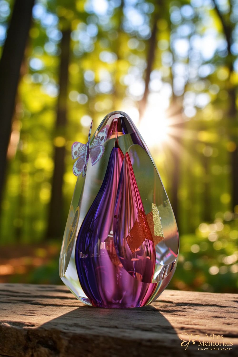 keepsake urn glass purple and pink with name and butterfly