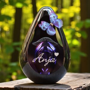 Design urn made of glass with purple-pink ash chamber and subtle pattern of air bubbles above the ash chamber – for cremation ashes.