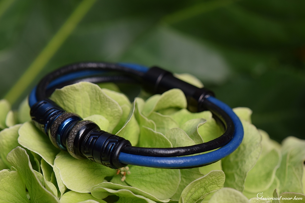Black and blue leather men’s memorial bracelet with double ashes keepsake and metallic blue design beads.