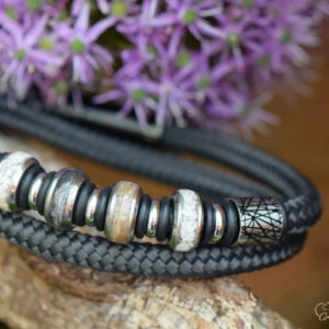 Double anthracite sailrope men’s memorial bracelet with four keepsake beads and silver steel design details.