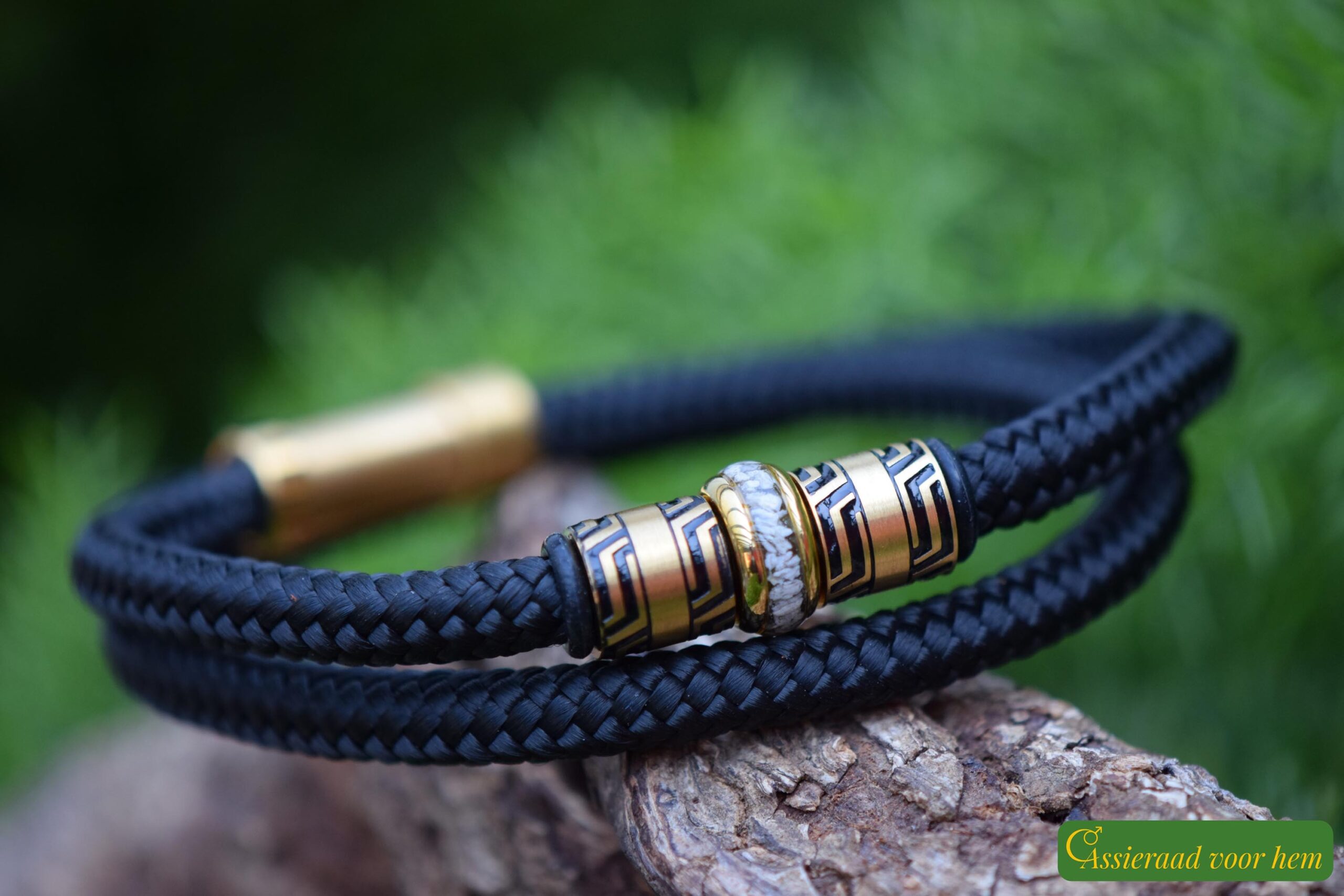 Black sailrope men’s memorial bracelet with ashes in gold bead