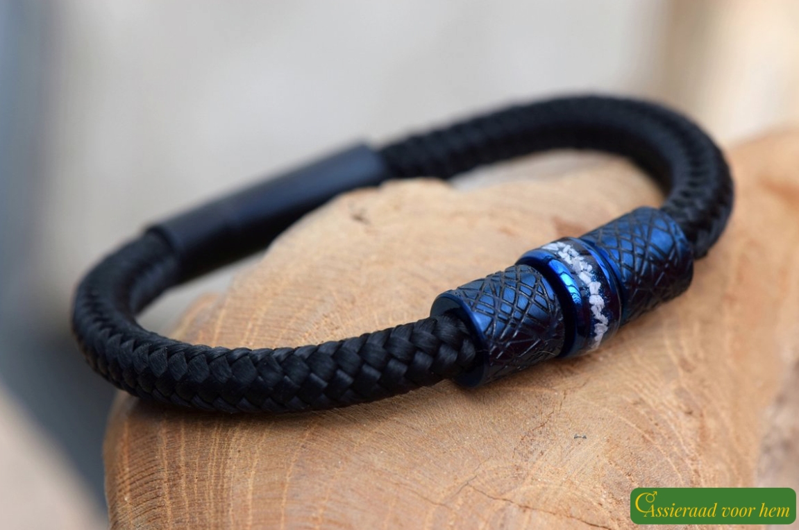 Side view of black men’s bracelet with blue-black stainless-steel beads and ashes.