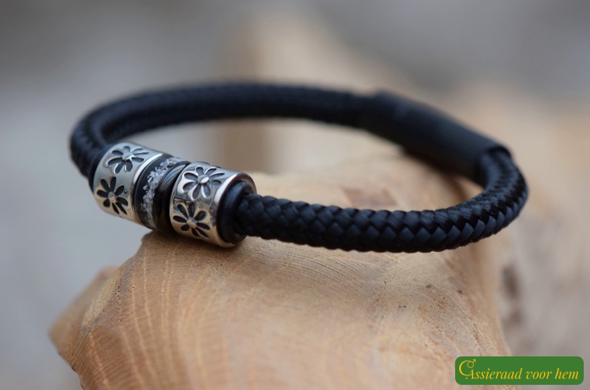Men’s memorial bracelet in black sailrope with cremation ashes in stainless-steel bead and black clasp.