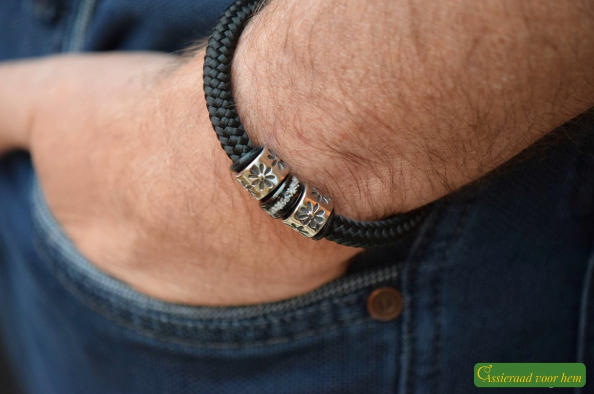 Black men’s sailrope bracelet with cremation ashes bead