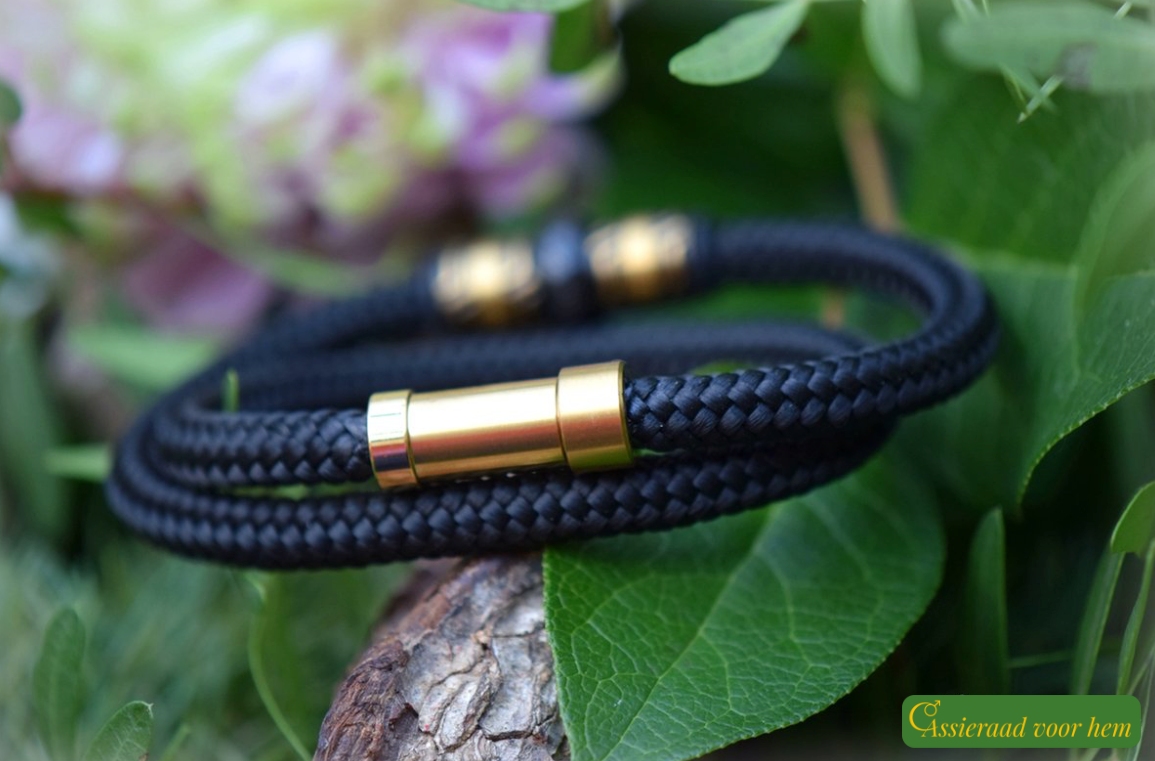 Front view of black sailrope men’s bracelet with ashes in gold stainless-steel bead.
