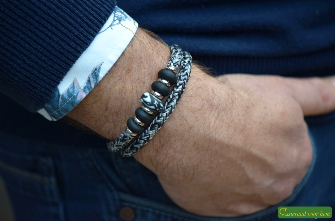 Marbled black-and-white men’s sailrope bracelet with cremation ashes bead