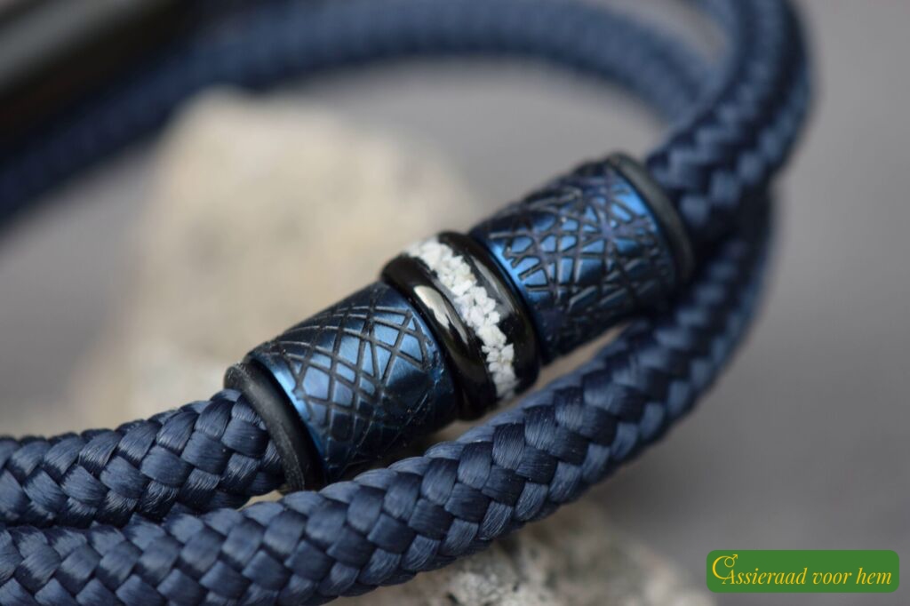 Double blue sailrope men’s bracelet with cremation ashes bead and black stainless-steel details.