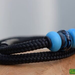 Double black sailrope men’s bracelet with petrol glass bead and two matte blue glass beads