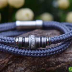 Grey sailrope men’s memorial bracelet with ashes set in central stainless-steel bead.