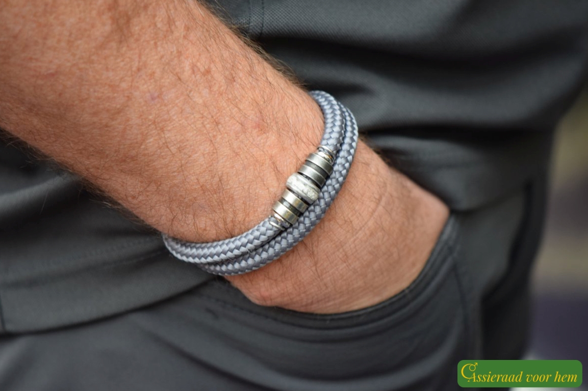 Grey sailrope memorial bracelet for men with ashes in bead