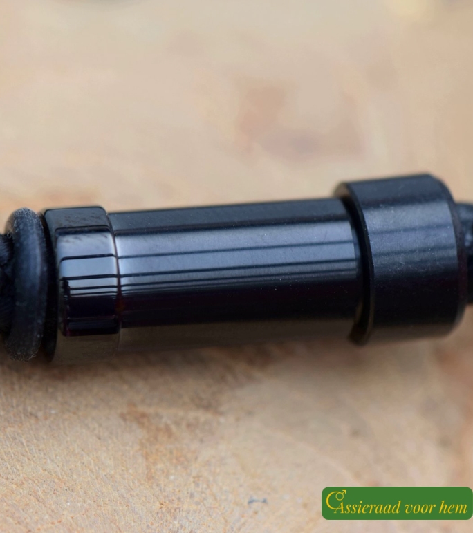 Sliding black stainless-steel cup-and-cone clasp detail of men’s memorial bracelet.