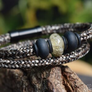 Beige-brown-black double men’s sailrope bracelet with ashes in central light brown glass bead.
