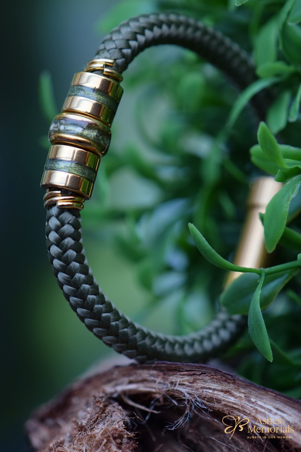 Standing bracelet vertical photo with olive sailrope and gold design beads.